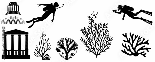 A set of black silhouettes depicting scuba divers, coral reefs, and ancient ruins underwater.