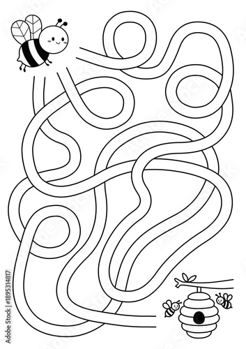 Maze puzzle game for children with cute bee. Kids labyrinth puzzle. Maze activity sheet for children.