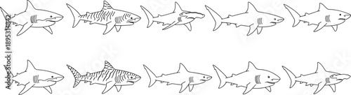 Hand drawn shark line art silhouettes collection featuring different swimming shark species in minimalist marine wildlife outline style