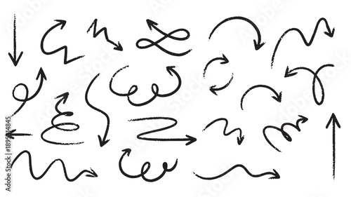 Arrows hand drawn set with black curved lines and swirling tips, depicting dynamic directions and movement, featuring a variety of styles including loops, zigzags, and curvatures, suitable for graphic
