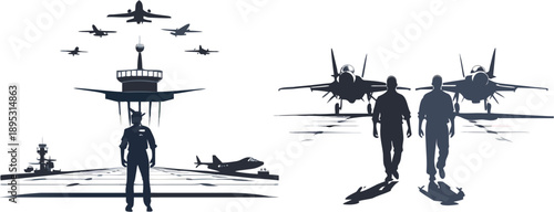 A vector graphic illustration of a silhouette of people and airplanes on an airfield with a control tower.
