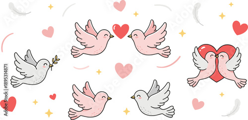 Cute love dove vector set with flying birds, hearts and feathers for Valentine wedding and romantic celebration design