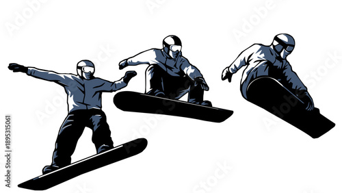 Set of powerful snowboarder silhouettes jumping in sequence, comic book style
