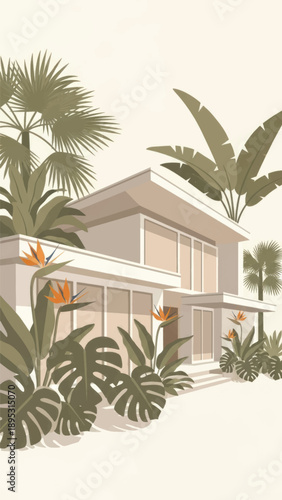 Tropical suburban home nestled among lush palms and jungle foliage.