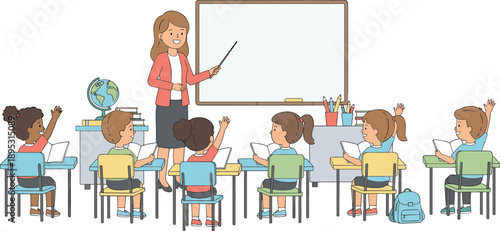 Classroom teacher and students vector illustration with kids raising hands for school education and learning activity design