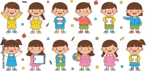 Cute preschool kids character vector set with boys and girls holding school items for kindergarten education design