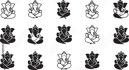 A collection of various black and white Ganesha illustrations on a white background