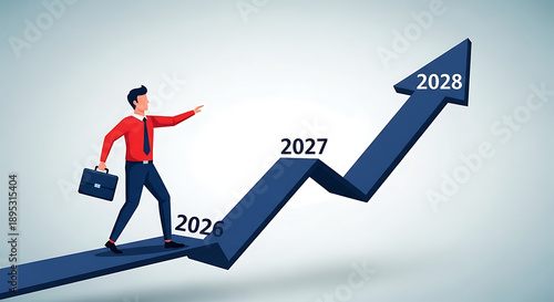 Businessman ascending a rising arrow chart with briefcase, symbolizing career growth and success towards future targets 2024, 2027, 2028.