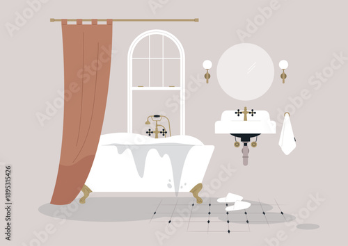 Water spills from a vintage-style bathtub, soaking the floor of a chic bathroom decorated with elegant fixtures and soft lighting.