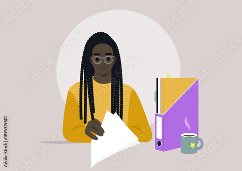 A skilled paperwork consultant examines various documents while seated at a workspace, showcasing organization and diligence in a modern environment alongside a warm cup of coffee