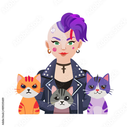 Punk rock girl cats wearing leather jackets. Generative AI.
