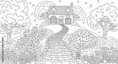 Cozy Cottage Pathway to Home, Autumn Leaves Falling, Inviting Garden Scene for Lifestyle, Real Estate, and Seasonal Marketing