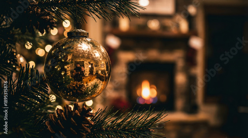 Gold Christmas ornament hanging on a tree branch with pinecone. Close up of festive bauble with blurred fireplace background