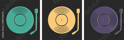 Vinyl record player minimalist silhouette emblem set. Vector illustration