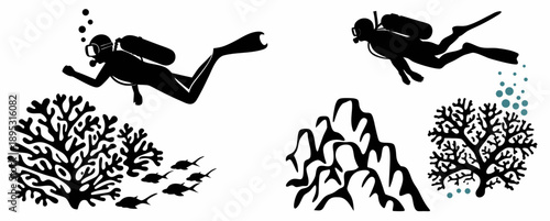 A vector graphic illustration of scuba divers swimming near coral reefs and fish in a minimalist flat design style