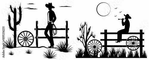 A black and white vector graphic illustration of two cowboys in a desert landscape with cacti and fences