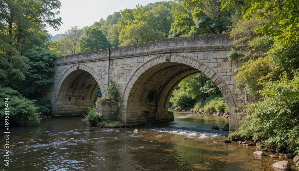 Fototapeta premium Old stone bridge spanning a river with lush greenery on both sides