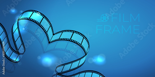 Movie film frame banner with shiny heart shaped filmstrip and flashing lights on blue background. Movie premiere template. Vector illustration