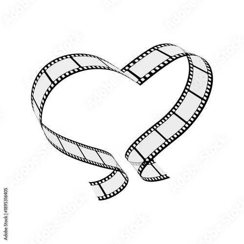 Transparent filmstrip folded into a heart shape. Curved movie reel isolated on white background. Vector illustration