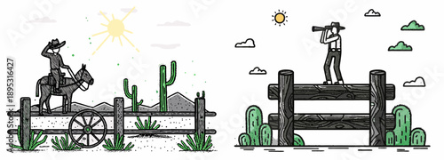 A vector graphic illustration of two cowboys in a desert landscape looking out at the horizon