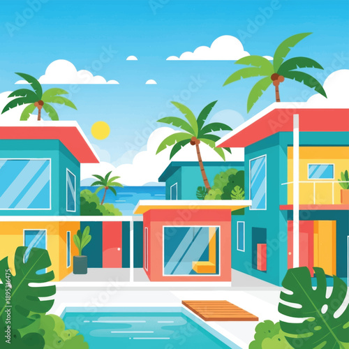 Sunny tropical resort houses with poolside courtyard and palm trees under blue sky, perfect vacation destination.