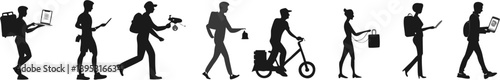 A set of black silhouette icons depicting people commuting and traveling with various items