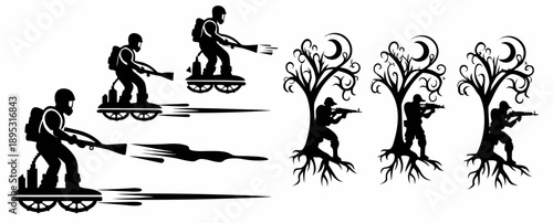 A set of black silhouette illustrations depicting a soldier on hoverboard and tree with crescent moon