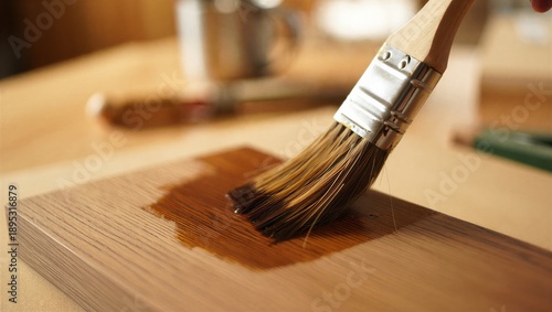A brush is applying a glossy varnish on a wooden surface, enhancing its natural grain and color. Wood finishing process.