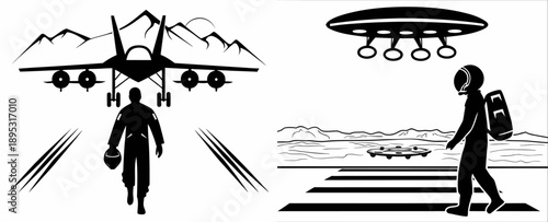 A vector graphic illustration of two silhouetted travelers approaching different modes of transportation