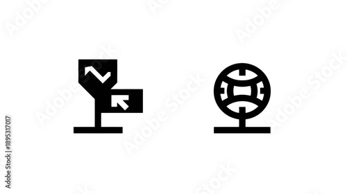 Vector Icons Set: Abstract Decision Point with Directional Arrows and a Stylized Global Network Symbol on White Background