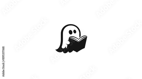 Cute cartoon ghost character reading a book, a funny spooky spirit engaged in learning and education, mysterious phantom studying