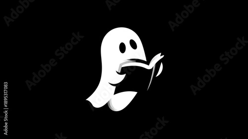 Cute cartoon white ghost character reading an open book on a black background, a playful phantom studying, ideal for Halloween themes.
