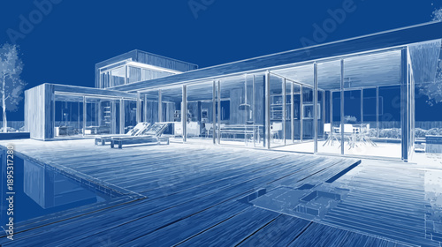 Modern Luxury House Blueprint Design with Expansive Outdoor Living Space and Swimming Pool on Blue Background