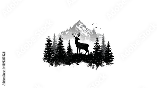 Majestic deer silhouette standing among pine trees with towering mountains in the background. Black and white minimalist nature illustration.