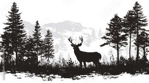 Majestic deer stag silhouette in a wild forest landscape with pine trees and distant mountains, black and white nature illustration