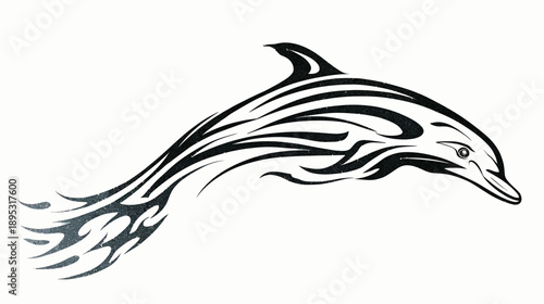 Dynamic tribal dolphin tattoo design with flowing lines. Stylized black and white marine animal graphic art isolated on white.