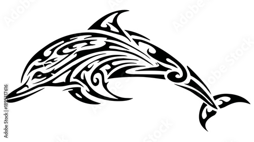 Majestic tribal art dolphin illustration with intricate stylized patterns, ideal for tattoo designs and graphic elements