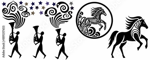 A vector graphic illustration of a horse and musicians in a stylized design