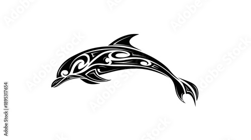 Majestic Tribal Dolphin Silhouette Vector Art. Ornate Black and White Graphic Design Element with Intricate Patterns.