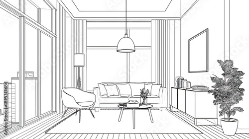 Detailed line drawing of a modern minimalist living room interior. Contemporary apartment decor with sofa, armchair, and large windows.