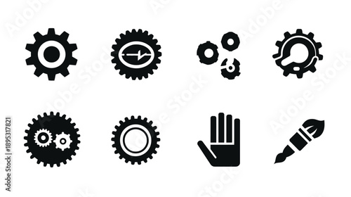 Flat vector icon set featuring gears, cogwheels, wrench, hand, and paintbrush symbols for customization, art, and technology.