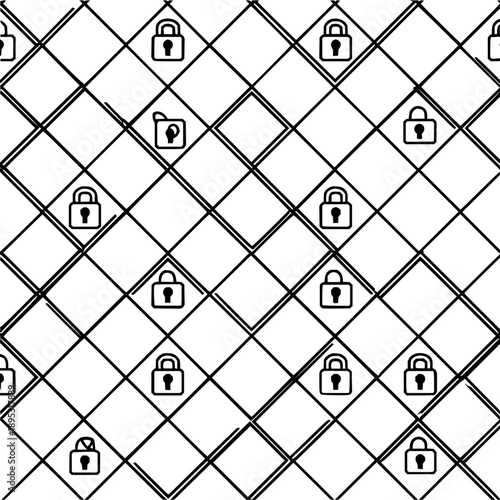 Black and white pattern of locks on a diamond grid with one open lock security themed design element