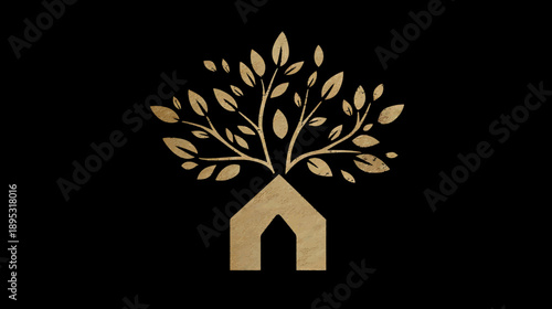 Golden tree growing from a stylized house on a black background, symbolizing eco-friendly living, growth, nature, and home