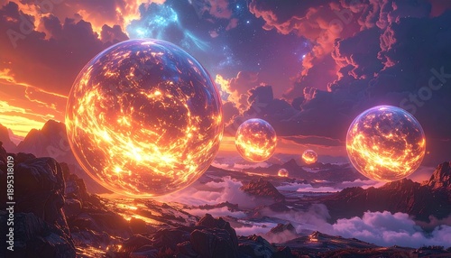 Fiery Orbs Floating Above a Dramatic Landscape at Sunset.