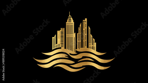 Elegant golden city skyline with skyscrapers and water waves on black background. Luxurious urban graphic design emblem.