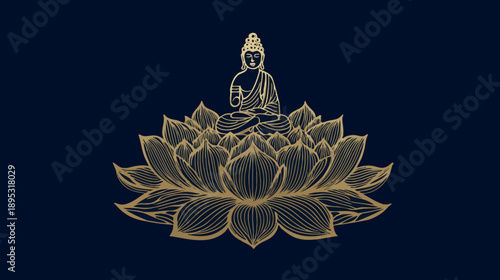 Golden Buddha figure meditating on an ornate lotus flower illustration, symbolizing peace, wisdom, and spiritual tranquility on a dark background.