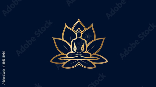 Golden outline illustration of a meditating figure within a lotus flower, symbolizing peace, spirituality, yoga, and wellness on dark blue.