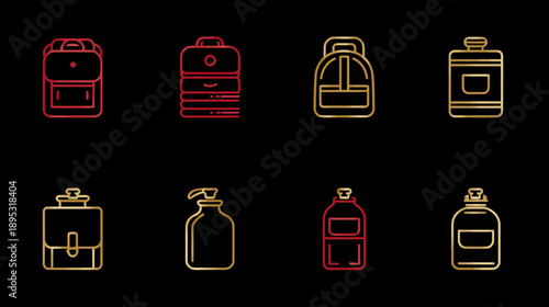 Animated neon line icons of various bags and bottles. Loopable motion graphics for travel, school, hiking, and daily use items.
