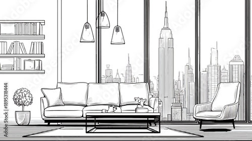 Modern living room line art illustration with a panoramic city skyline view from large windows, contemporary interior design sketch.
