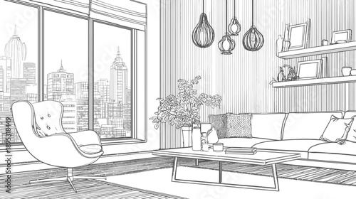 Modern living room interior sketch with panoramic city skyline view. Hand-drawn line art illustration of contemporary home design.